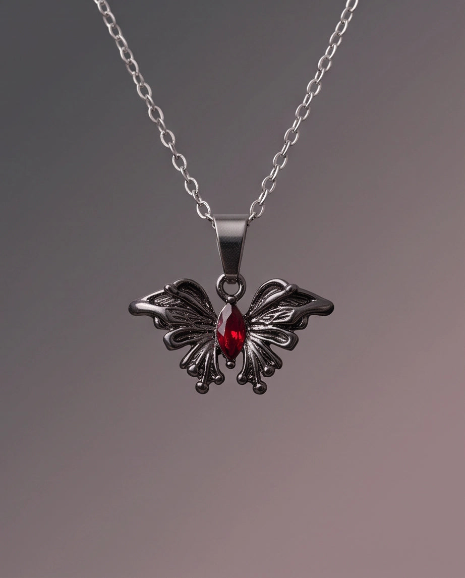Black Gothic Butterfly Red Gem Pendant Necklace