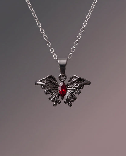 Black Gothic Butterfly Red Gem Pendant Necklace