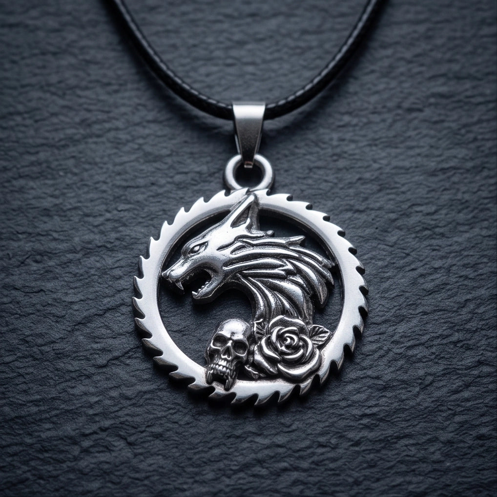 Silver Wolf and Skull Medallion Cord Necklace