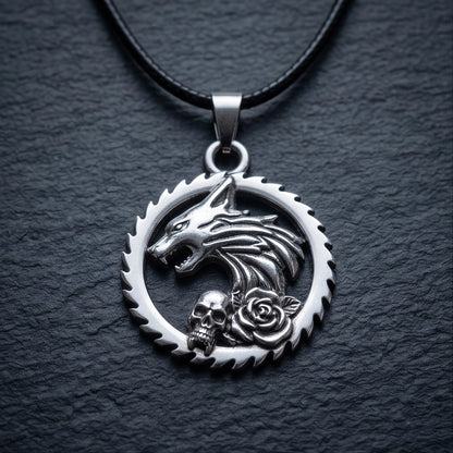 Silver Wolf and Skull Medallion Cord Necklace