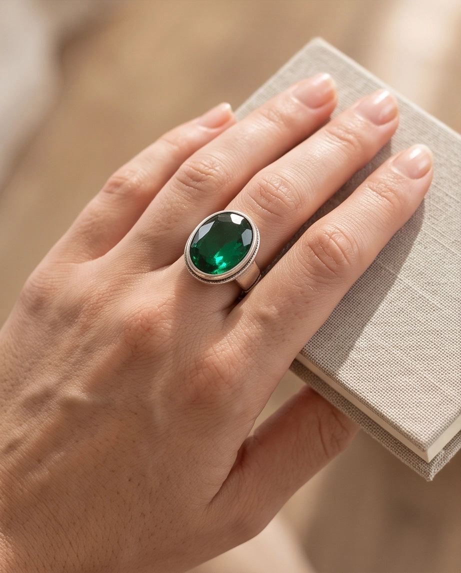 Emerald Gemstone Double Oval Bezel Minimalist Silver Ring
