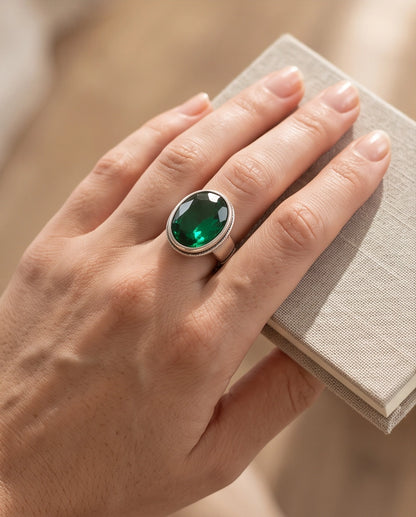 Emerald Gemstone Double Oval Bezel Minimalist Silver Ring