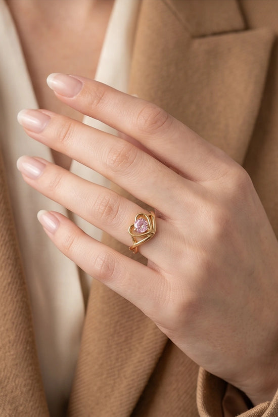 Gold Pink Tourmaline Heart Openwork Ring