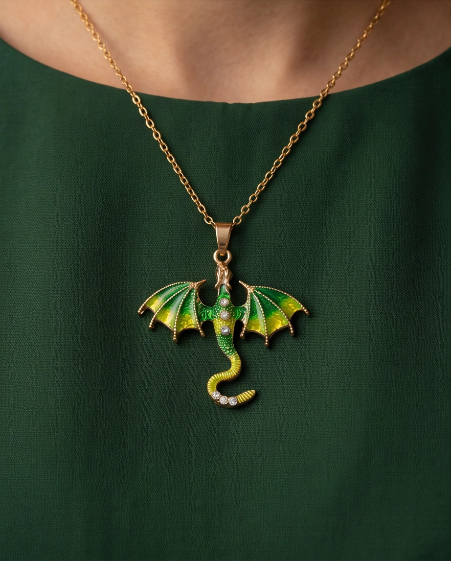 Gold Green Enamel Dragon Wyvern Pendant Necklace