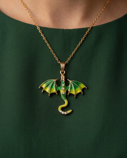 Gold Green Enamel Dragon Wyvern Pendant Necklace