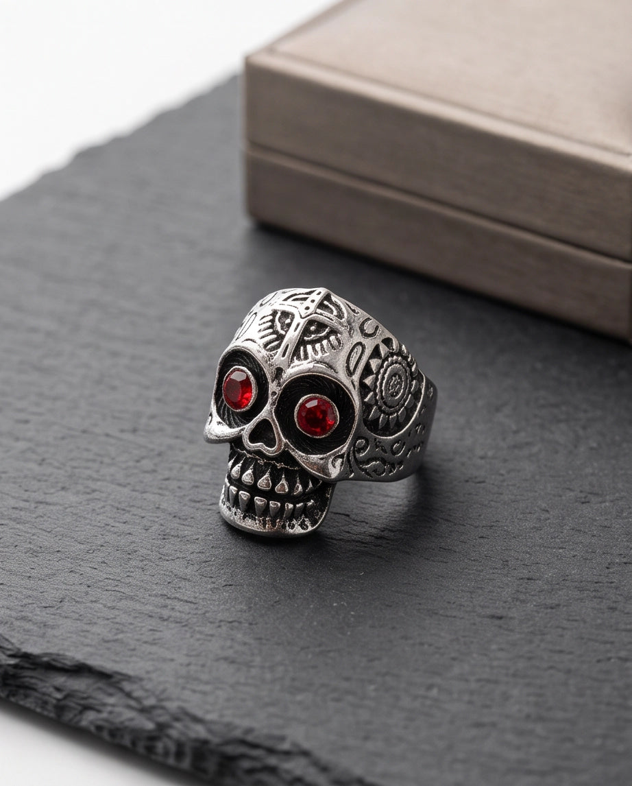 Ruby-Eyed Filigree Skull Band Silver Ring