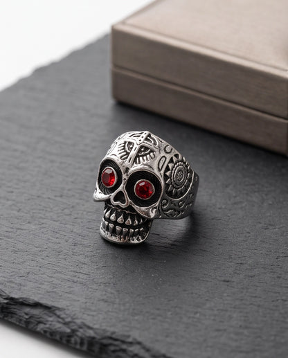 Ruby-Eyed Filigree Skull Band Silver Ring