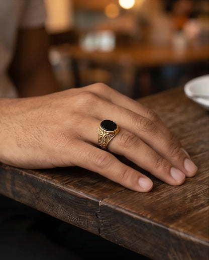 Onyx-Style Oval Cabochon Cross-Motif Filigree Gold Ring