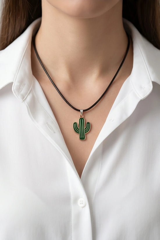 Gold and Green Cactus Pendant Necklace