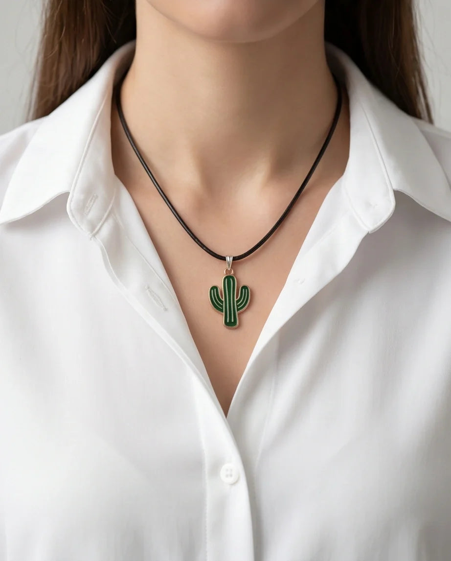 Gold and Green Cactus Pendant Necklace