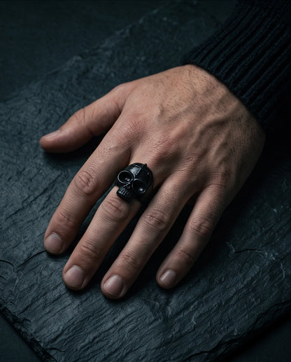 Matte Black Gothic Cross-Embossed Anatomical Skull Ring