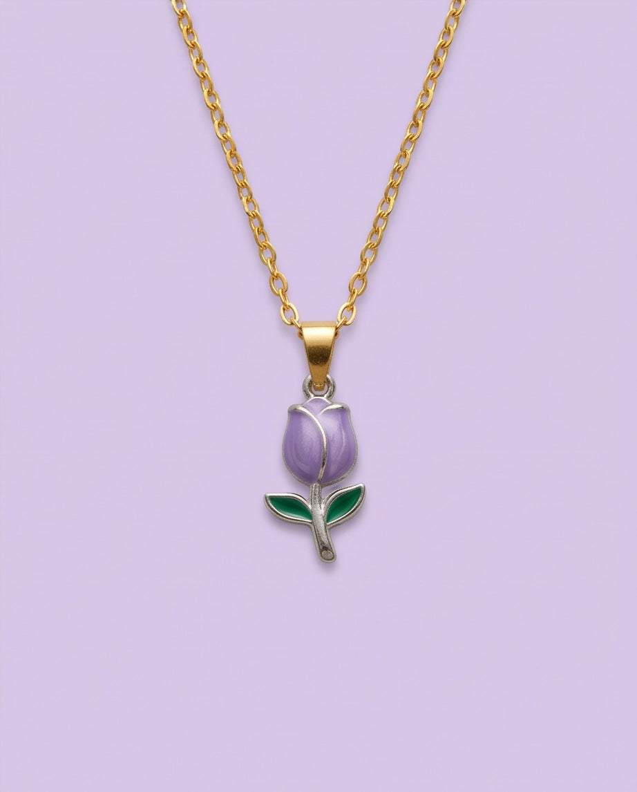 Silver Purple Enamel Tulip Pendant Necklace