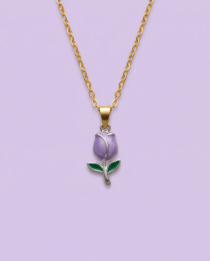 Silver Purple Enamel Tulip Pendant Necklace