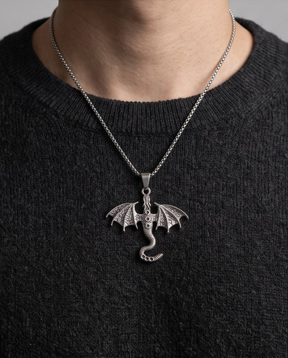 Silver Textured Dragon Wyvern Pendant Necklace