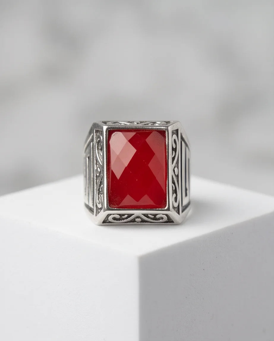Scarlet Gemstone Filigree Bezel Rectangular Silver Ring