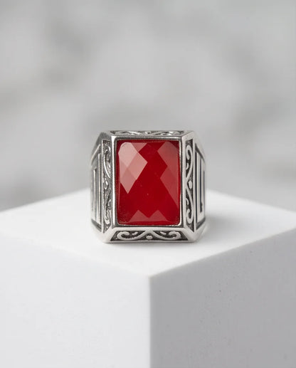 Scarlet Gemstone Filigree Bezel Rectangular Silver Ring