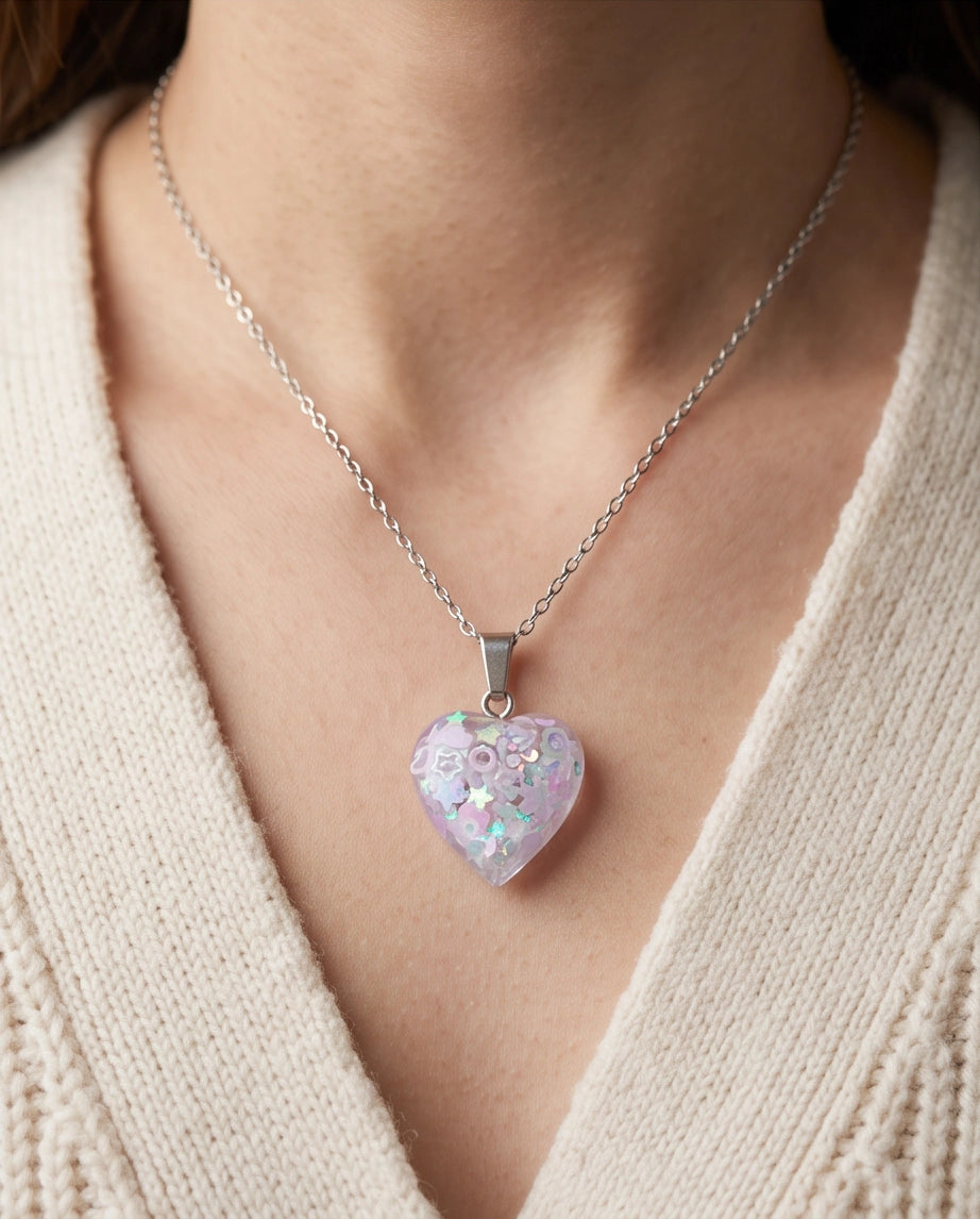 Silver Lavender Glitter Heart Resin Pendant Necklace