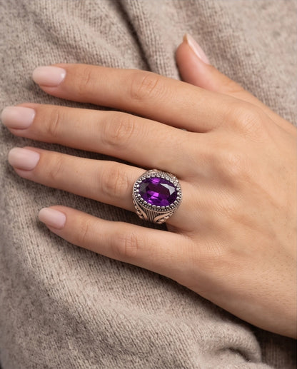 Amethyst Gemstone Beaded Bezel Filigree Silver Ring