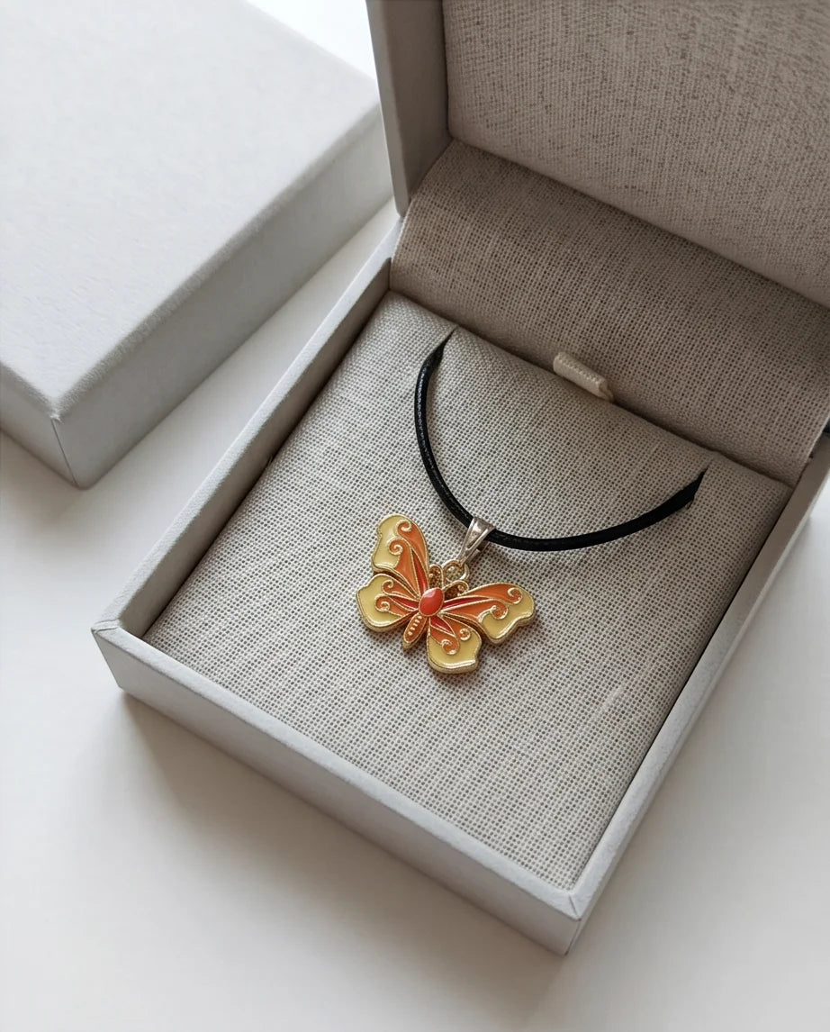Orange & Yellow Enamel Butterfly Pendant Necklace