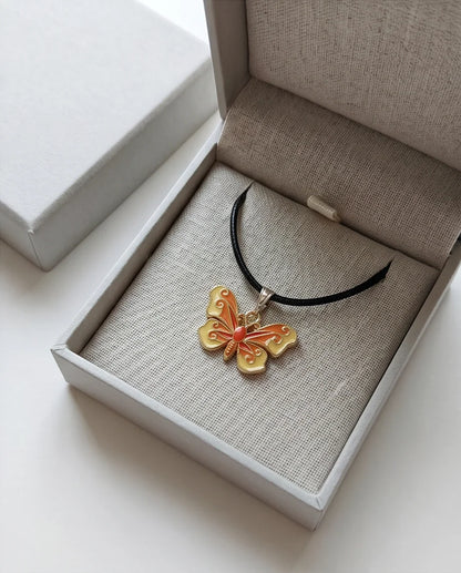 Orange & Yellow Enamel Butterfly Pendant Necklace
