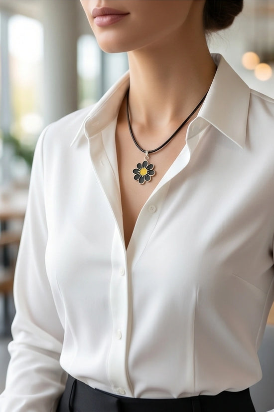 Gold and Black Daisy Pendant Necklace