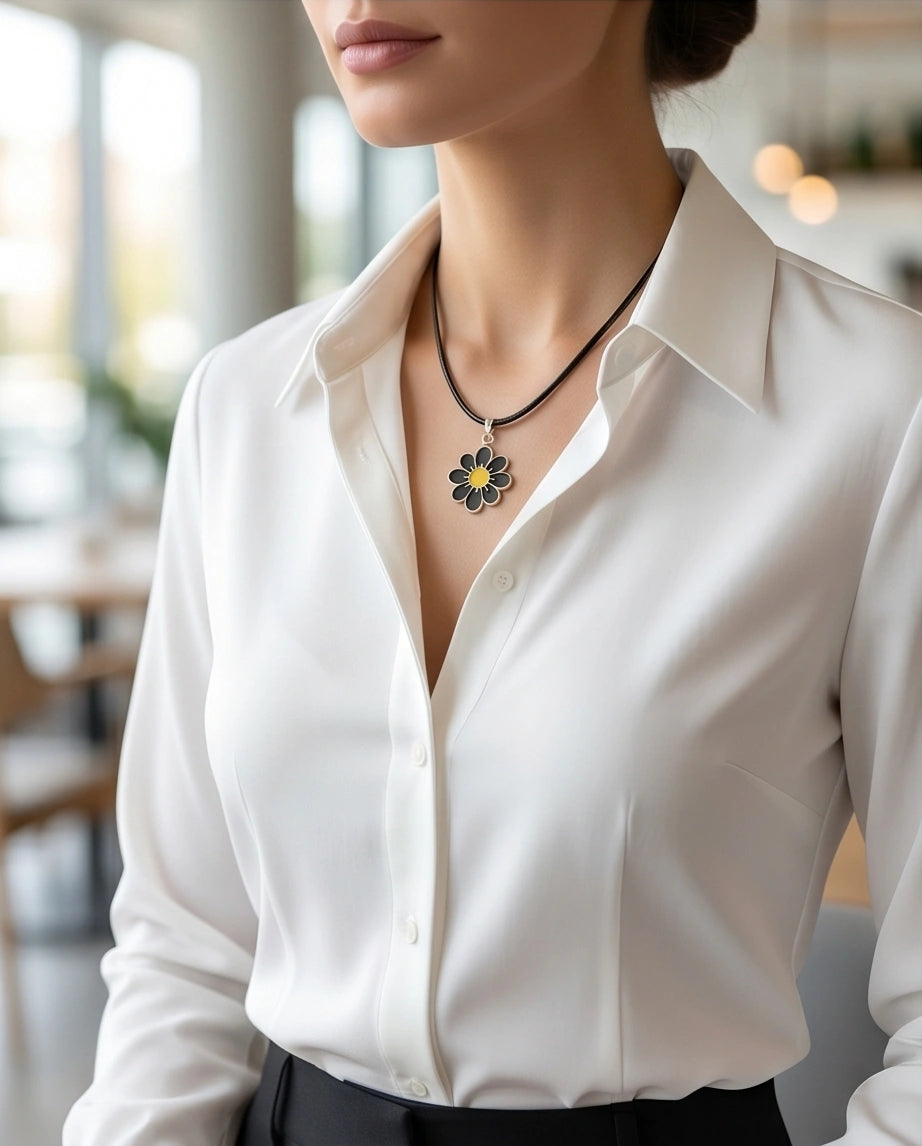 Gold and Black Daisy Pendant Necklace