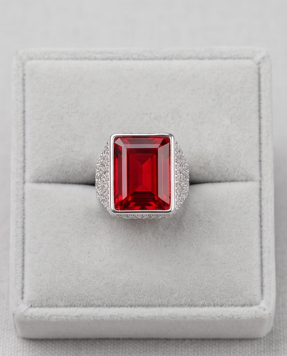 Ruby Red Emerald-Cut Gemstone Stippled Halo Silver Ring