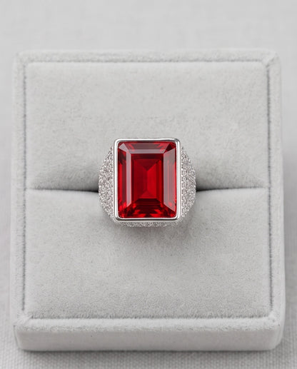 Ruby Red Emerald-Cut Gemstone Stippled Halo Silver Ring