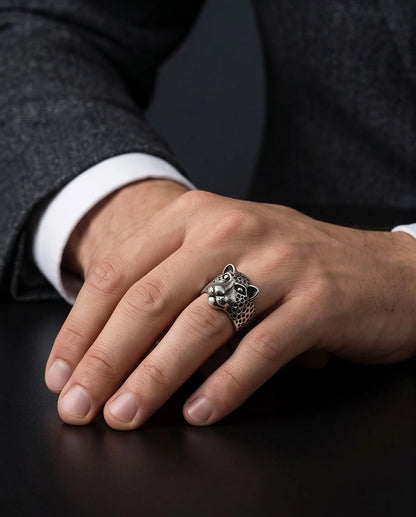 Oxidized Silver Sculpted Leopard Signet Ring