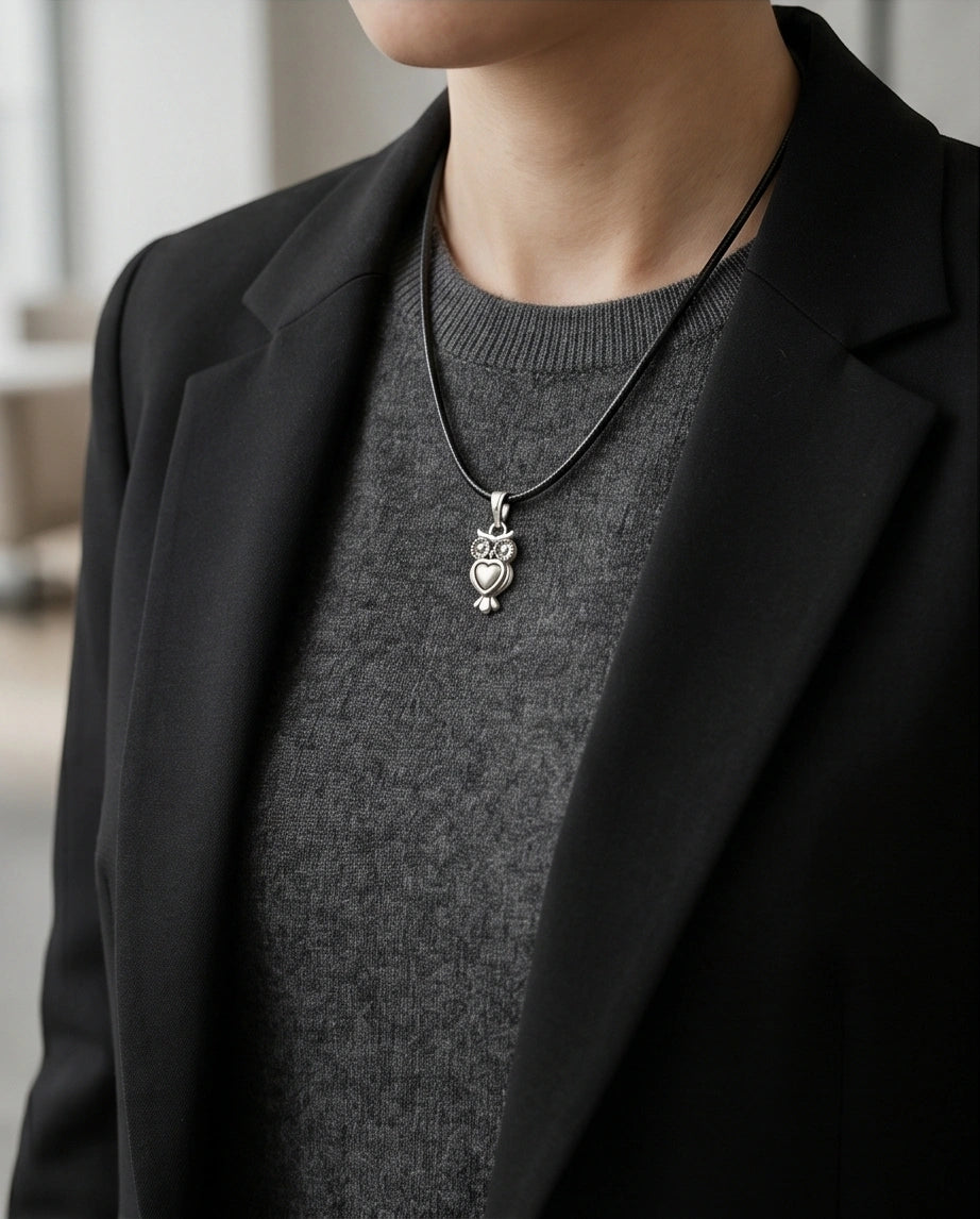 Silver Retro Heart Owl Necklace