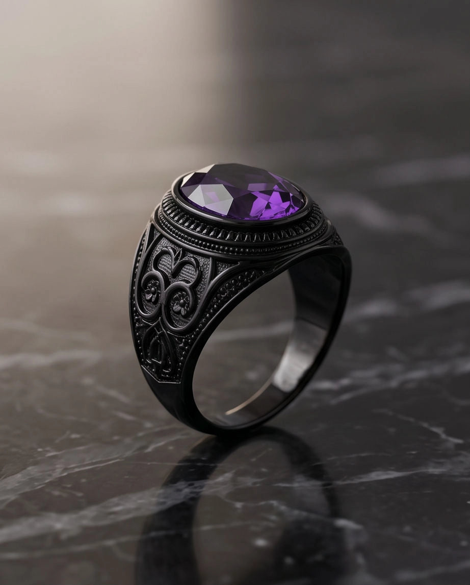 Matte Black Oval Amethyst Scroll Signet Ring