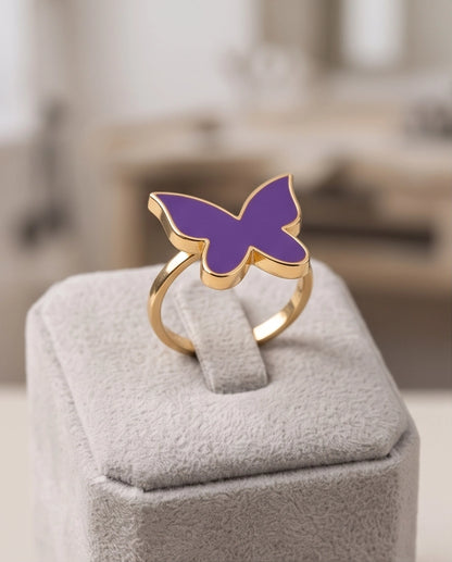 Gold Purple Butterfly Enamel Ring