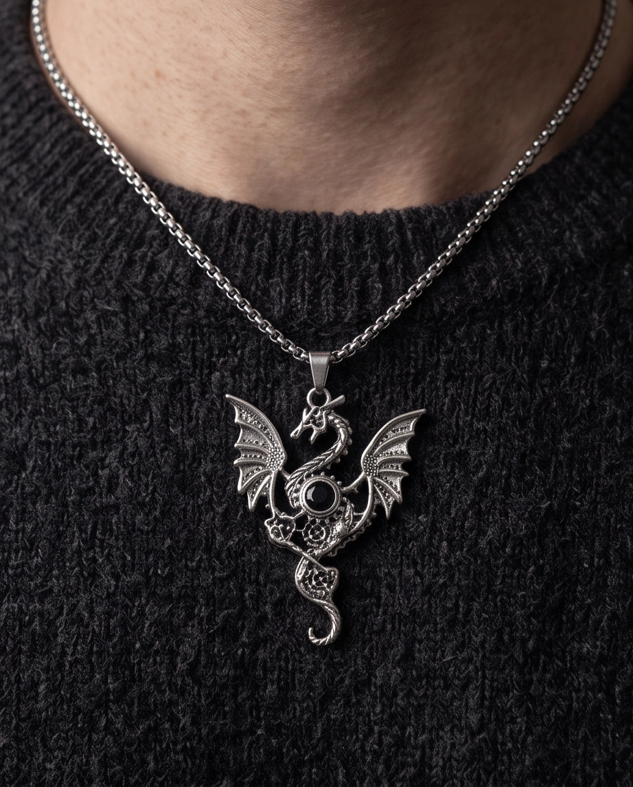 Silver Black Gemstone Dragon Pendant Necklace