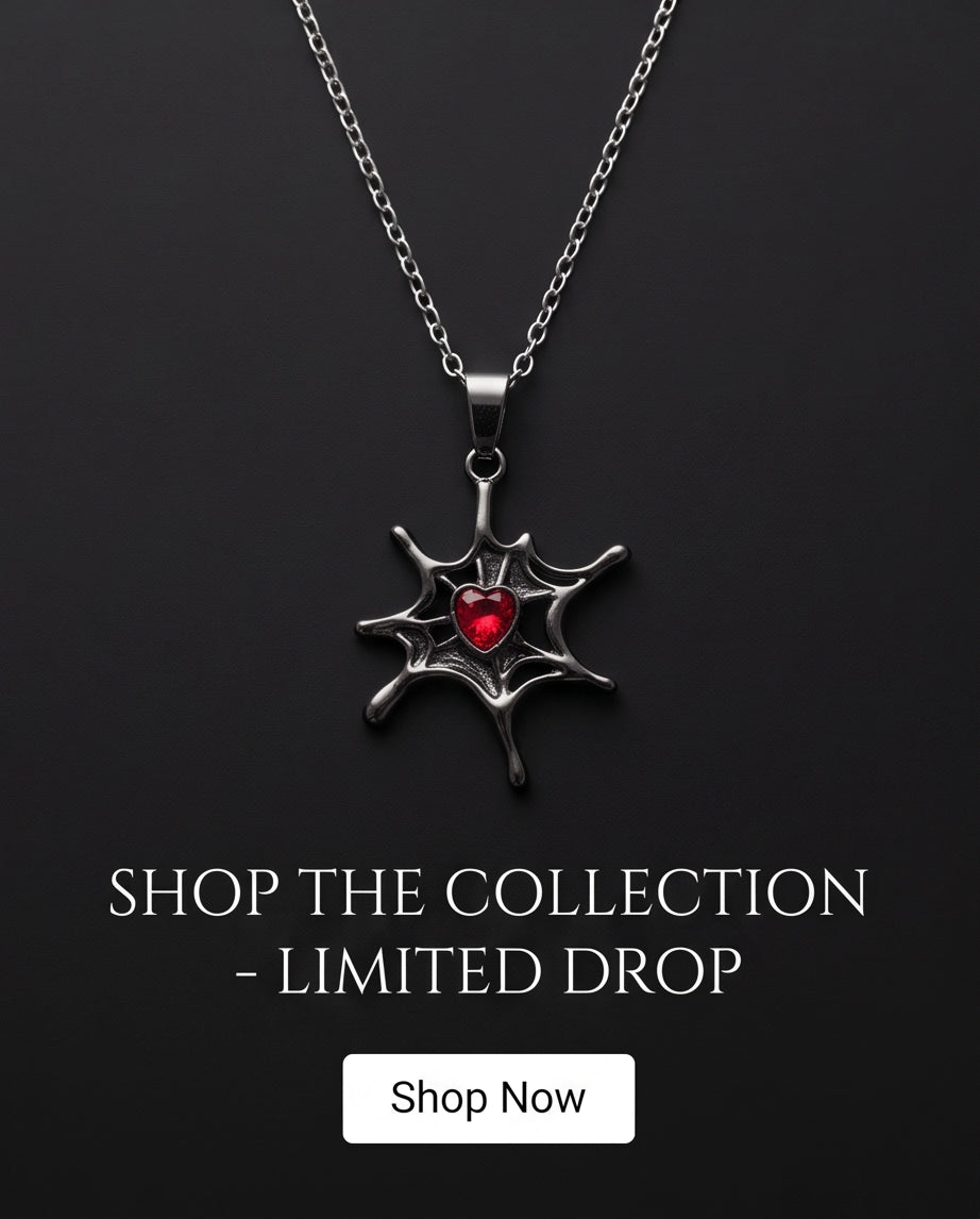 Black Spiderweb Red Heart Gem Pendant Necklace