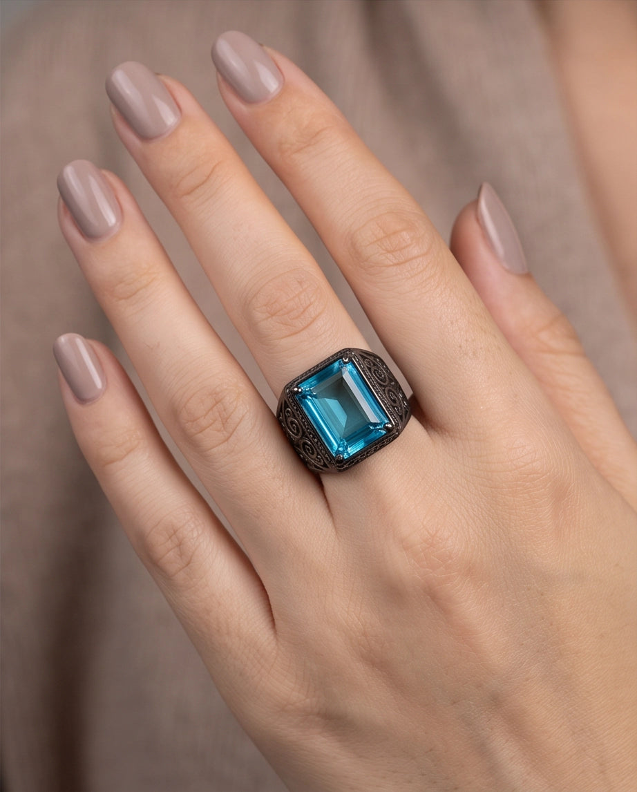 Jet Black Emerald-Cut Onyx Geometric Architectural Silver Ring