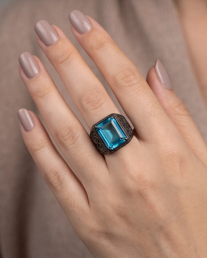 Jet Black Emerald-Cut Onyx Geometric Architectural Silver Ring