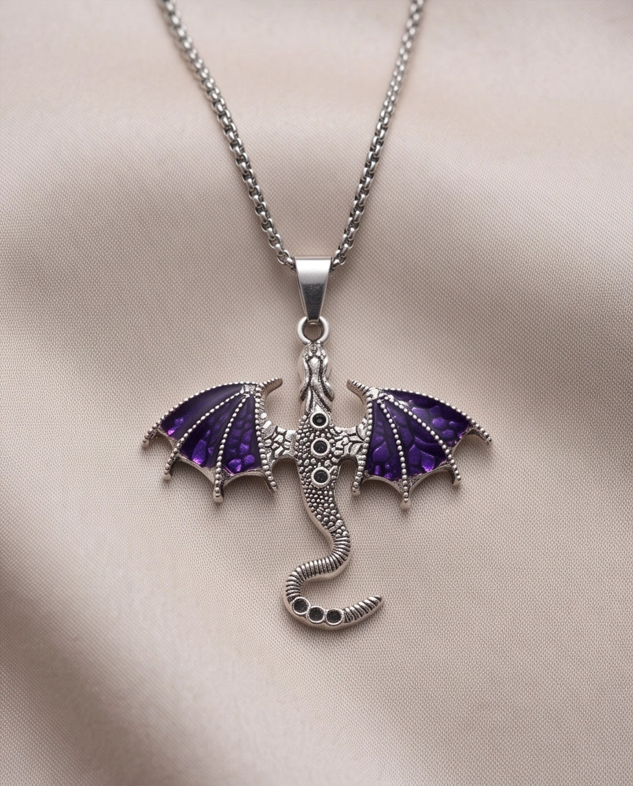 Silver Purple Enamel Dragon Wyvern Pendant Necklace