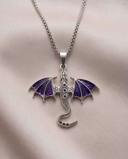 Silver Purple Enamel Dragon Wyvern Pendant Necklace