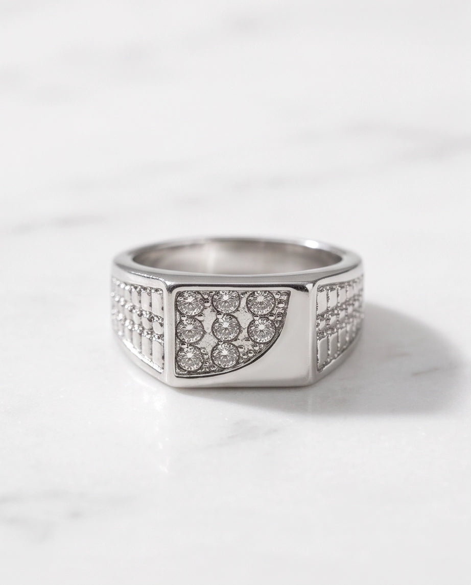 Pavé Crystal Cluster Inlay Brick-Link Band Silver Ring