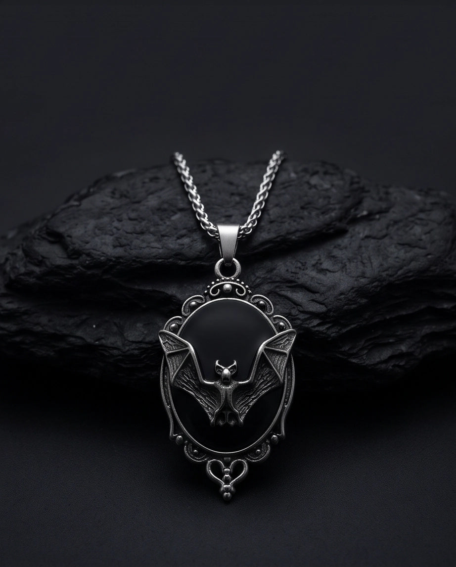 Antique Silver Gothic Bat Black Enamel Medallion Chain Necklace