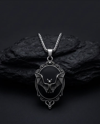 Antique Silver Gothic Bat Black Enamel Medallion Chain Necklace