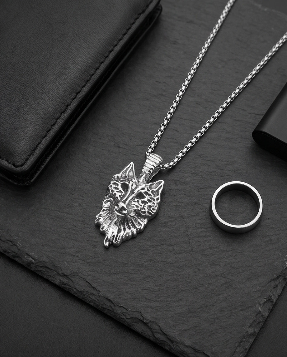 Silver Sculpted Wolf Head Pendant Necklace