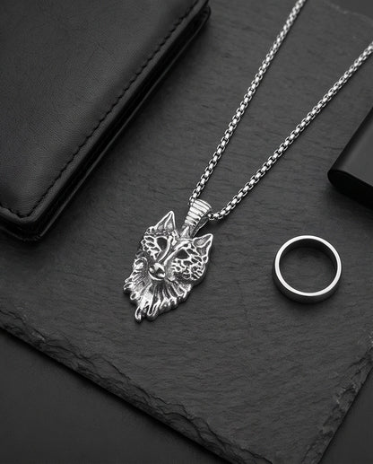 Silver Sculpted Wolf Head Pendant Necklace