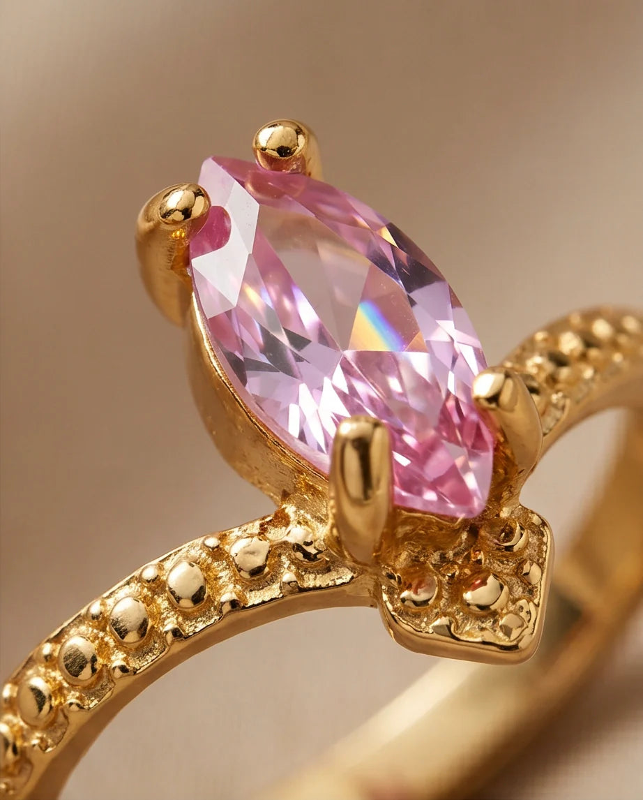 Vintage Gold Marquise Pink Tourmaline Milgrain Ring