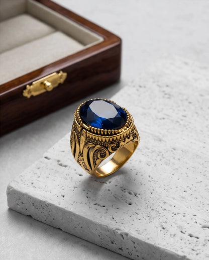 Antique Gold Oval Sapphire Scroll Signet Ring