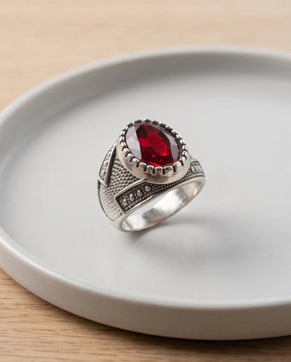 Ruby Gemstone Notched Bezel Stippled Silver Ring