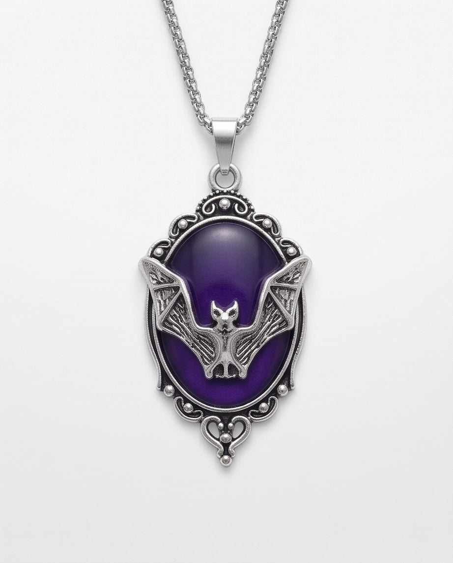 Silver Gothic Bat Purple Enamel Medallion Chain Necklace