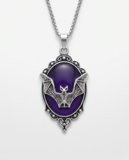 Silver Gothic Bat Purple Enamel Medallion Chain Necklace