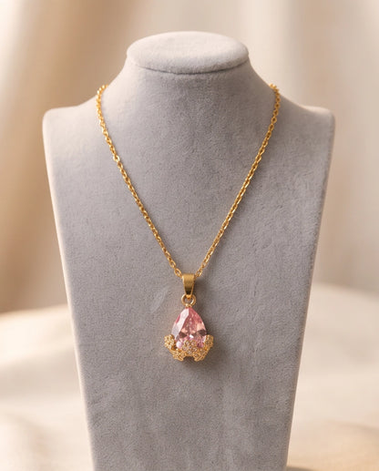 Gold Pink Teardrop Floral Basket Pendant Necklace