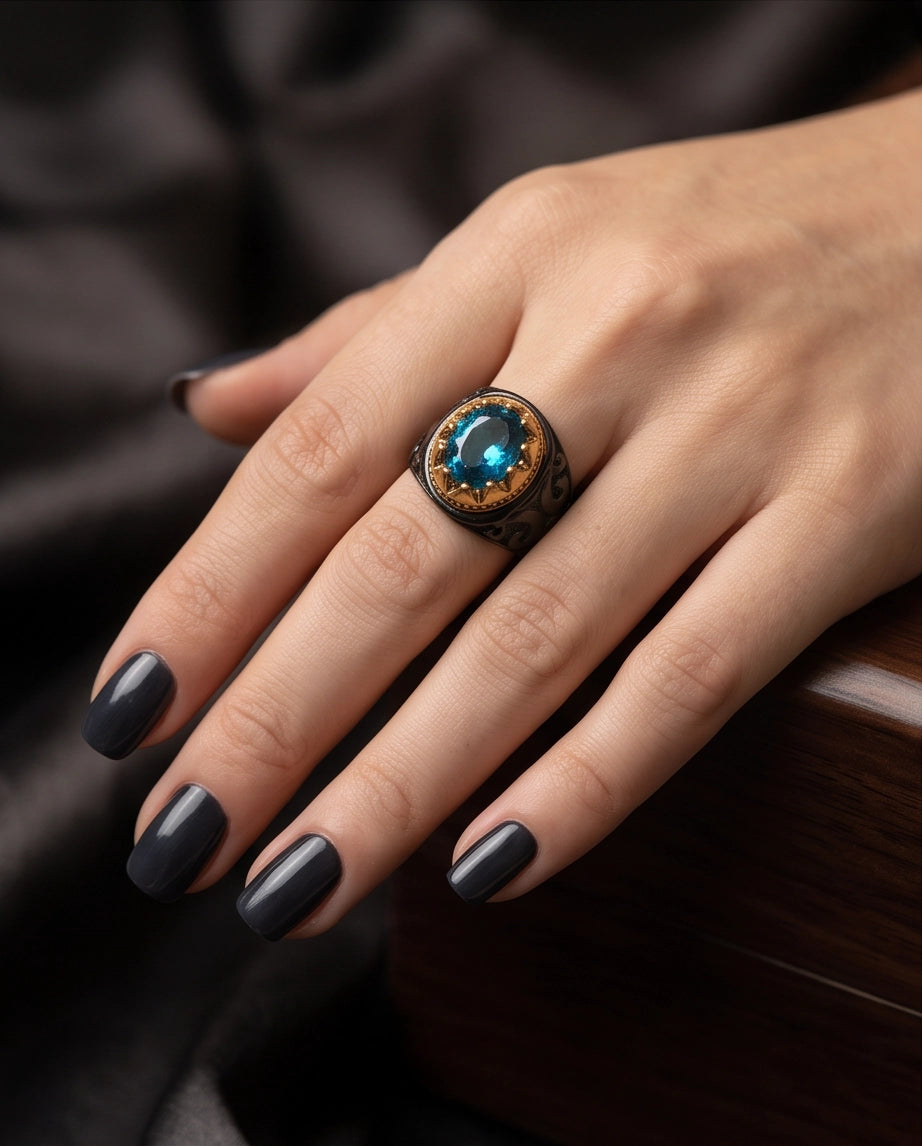 Celestial Aquamarine Sunburst Signet Ring